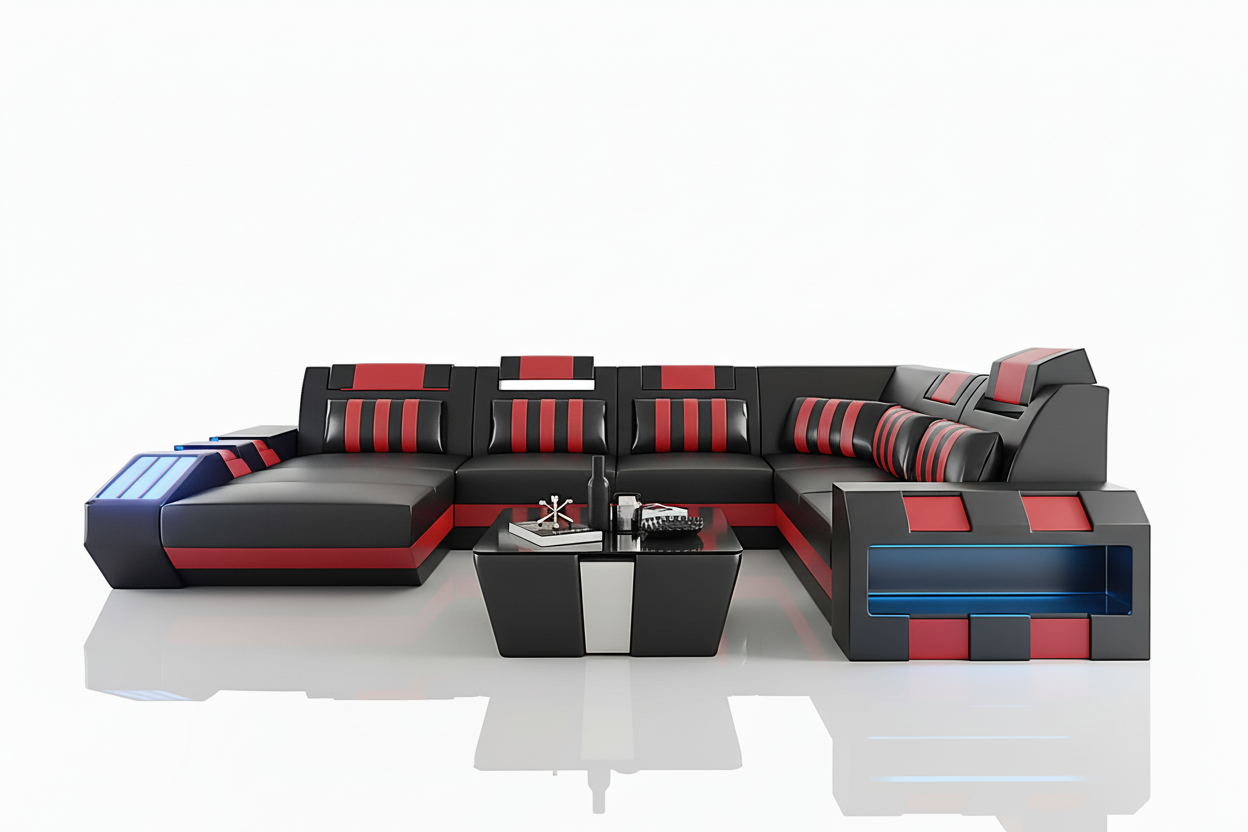 Cosmo Modern Leather Sectional with Red Accents
