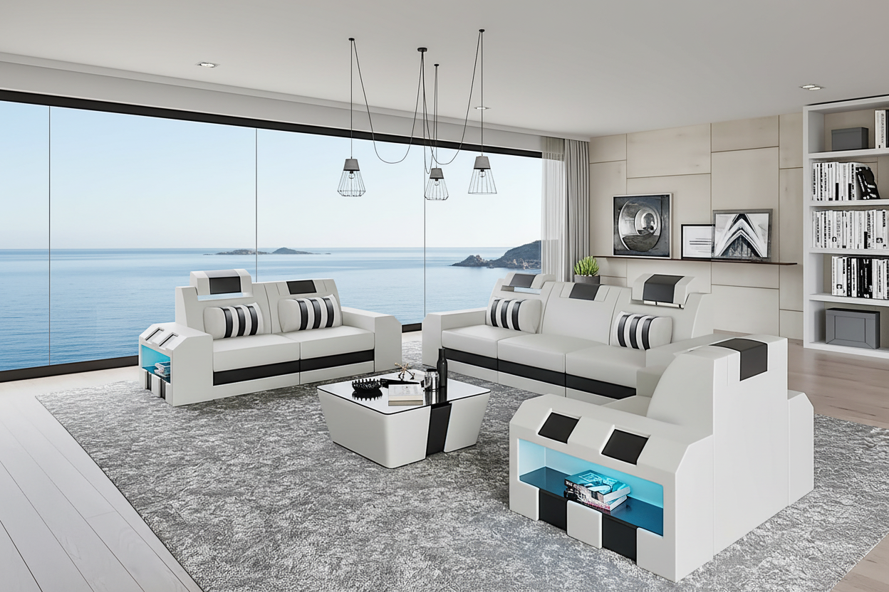 Cosmo Modern Leather Sofa Set with LED