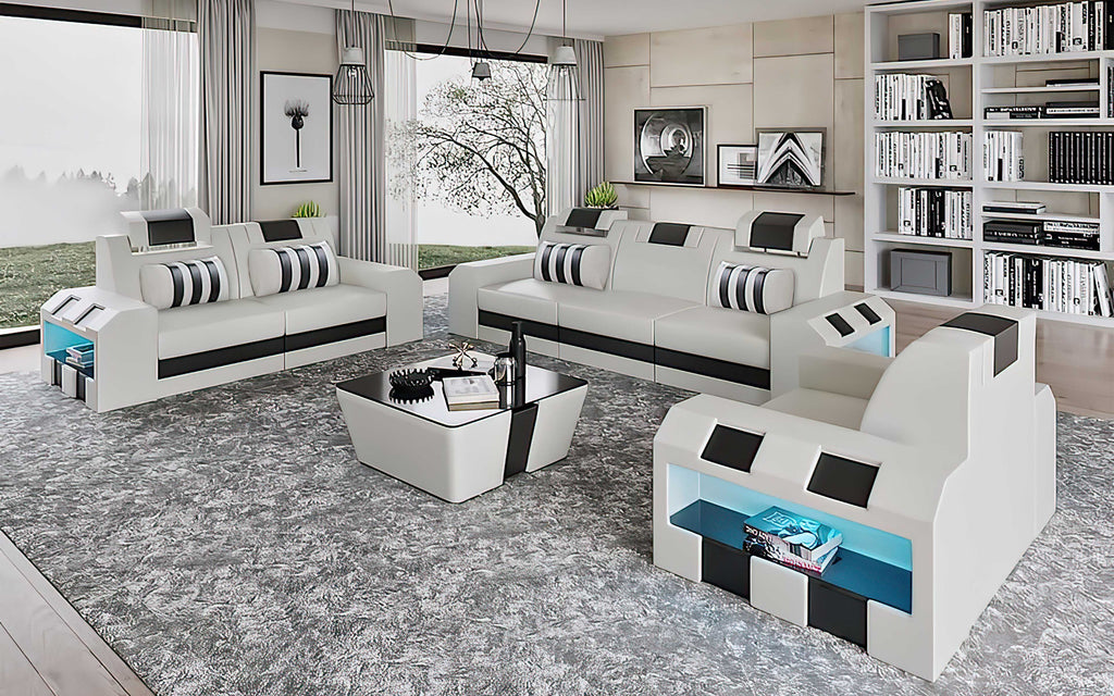 Cosmo LED Leather Sofa Set - Modern 3-Piece Living Room Set with Mood Lighting